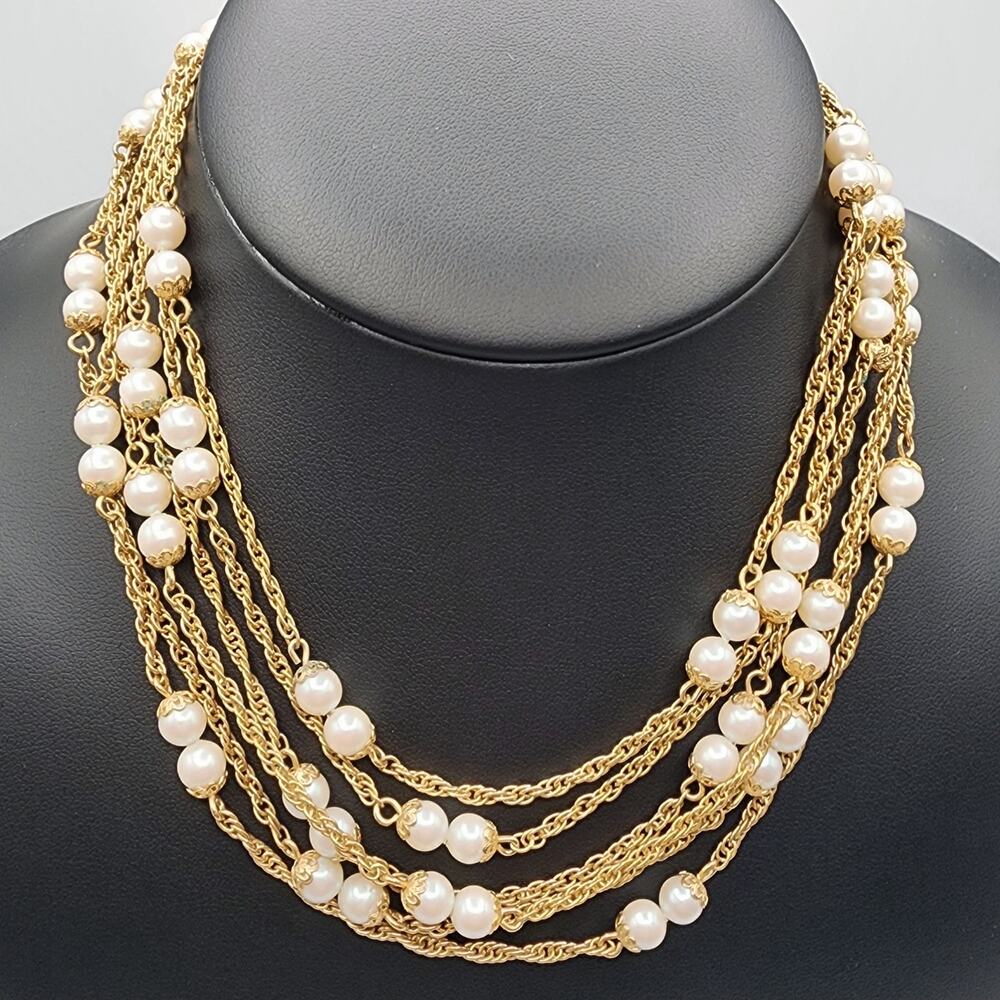 Signed Kramer 6 Strand Faux Pearl Necklace Gold Tone Adjustable 1950s Vintage